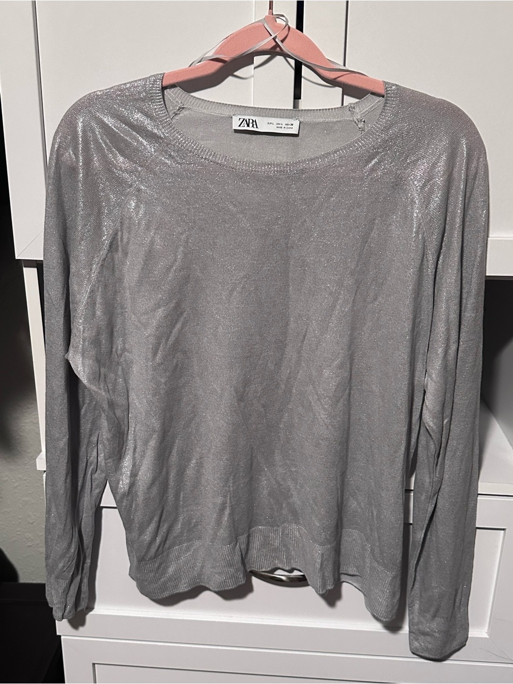 ZARA Silver Metallic Shimmer Lightweight Long Sleeve Sweater Size Large